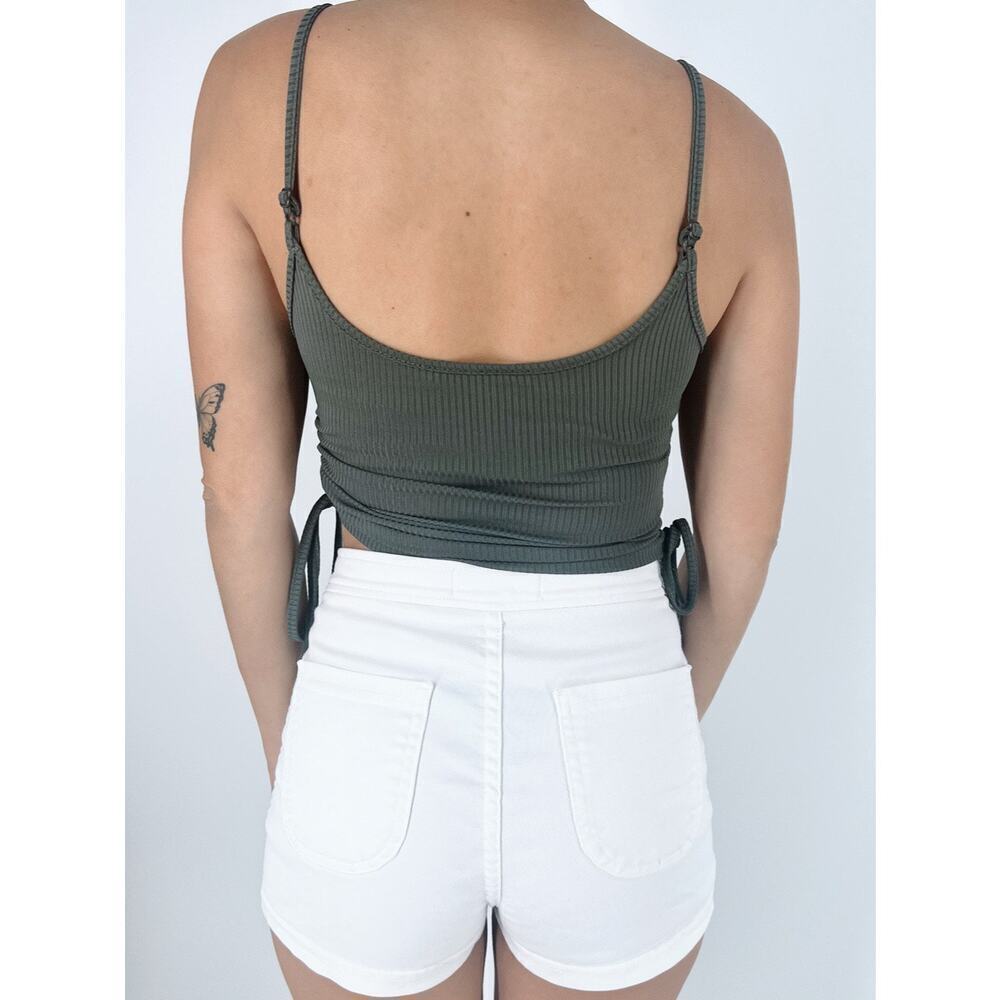 Dark Green Ribbed Ruched Cropped Top Tank Size XS - Picture 2 of 3